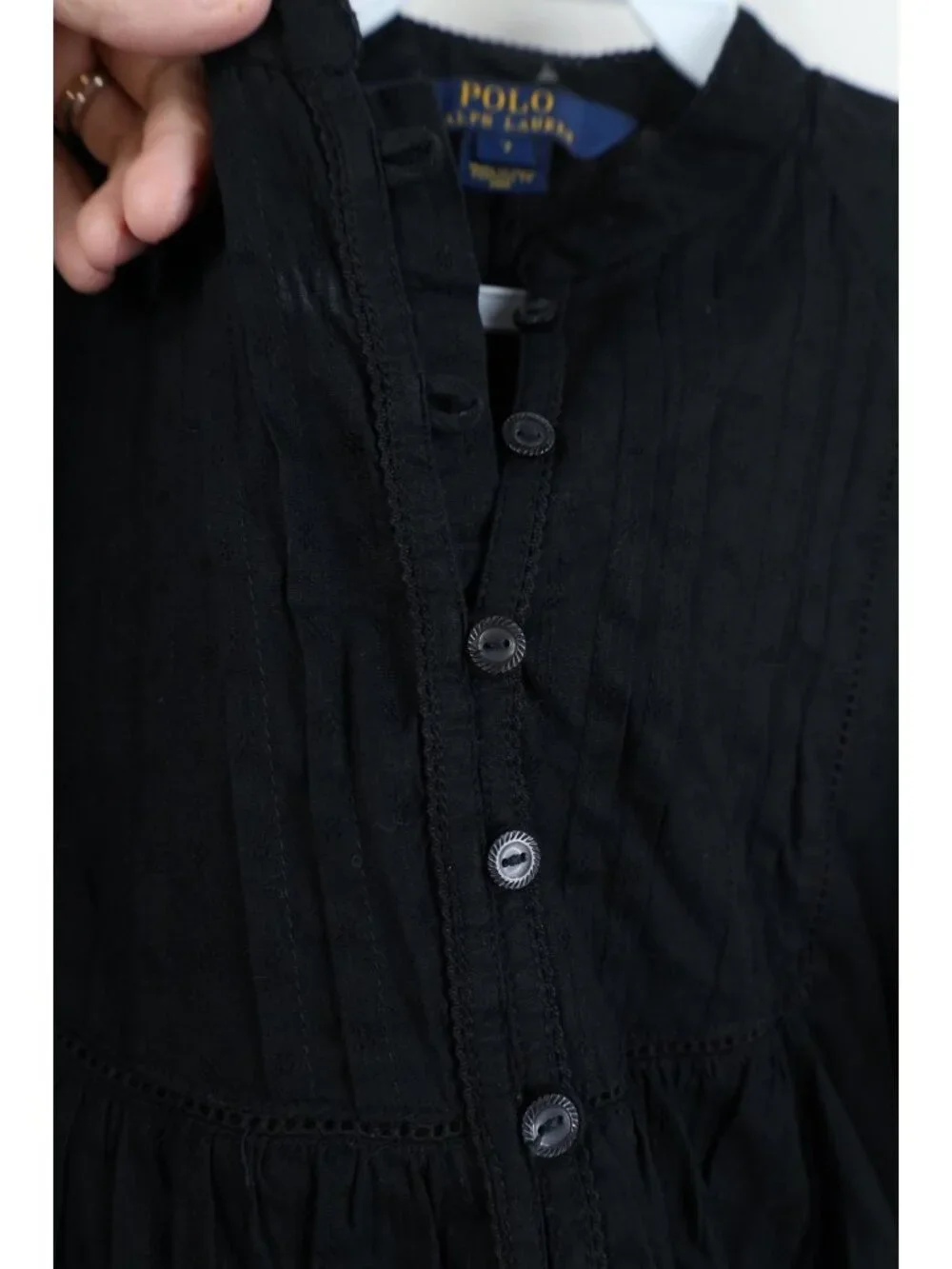 New Polo Ralph Lauren Girls Size 7 Looped Button Ruffled Dress Shirt Top Black